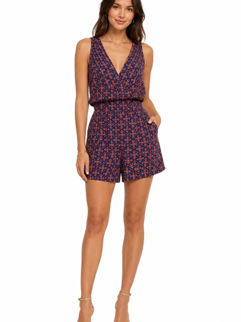 Bisou Bisou Romper Navy and Coral Patterned Sleeveless V-Neck